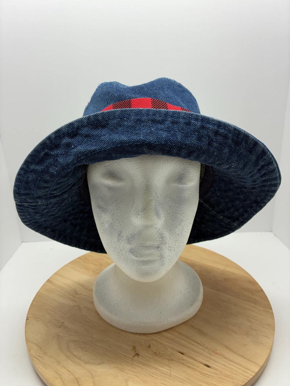 Vintage Denim Hat Reworked – Small 22” – Red Plaid Band & Americana Patch
